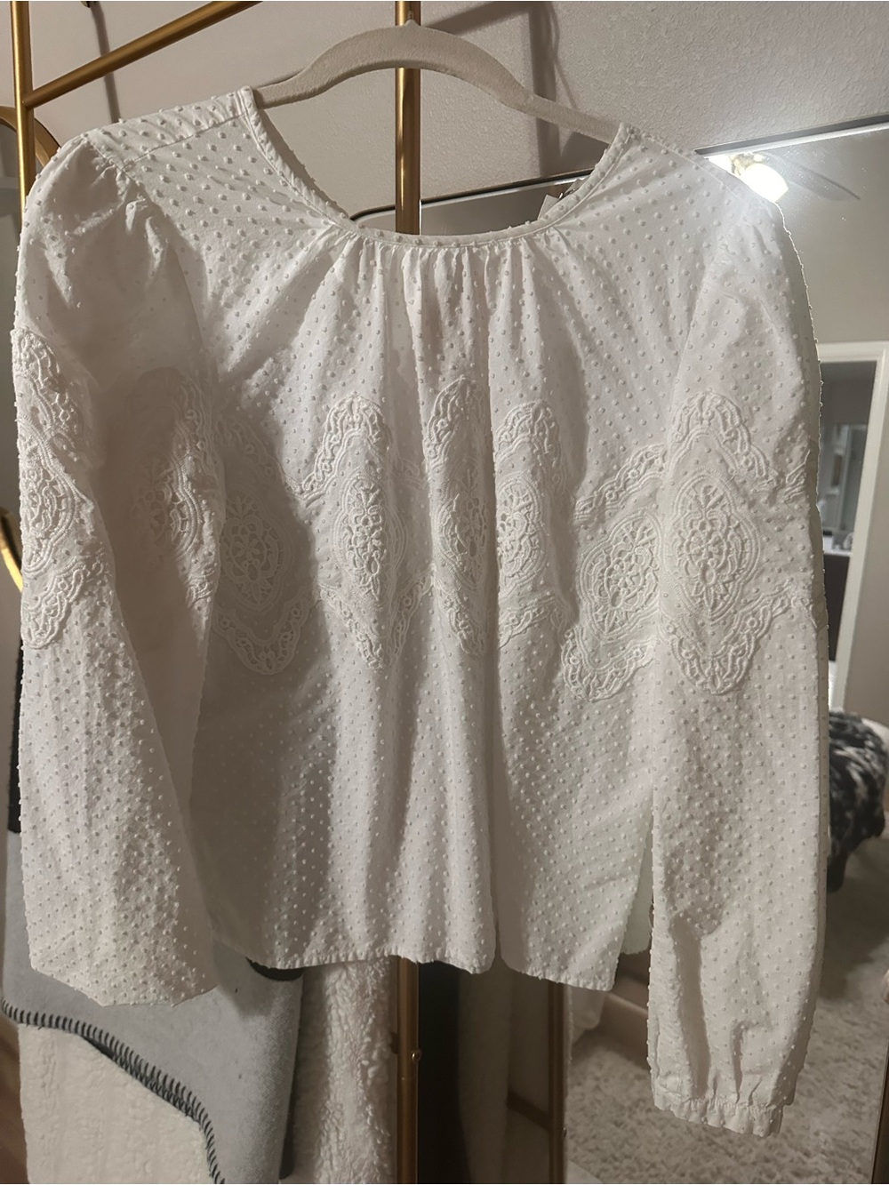 LOFT White Embroidered Swiss Dot Peasant Top